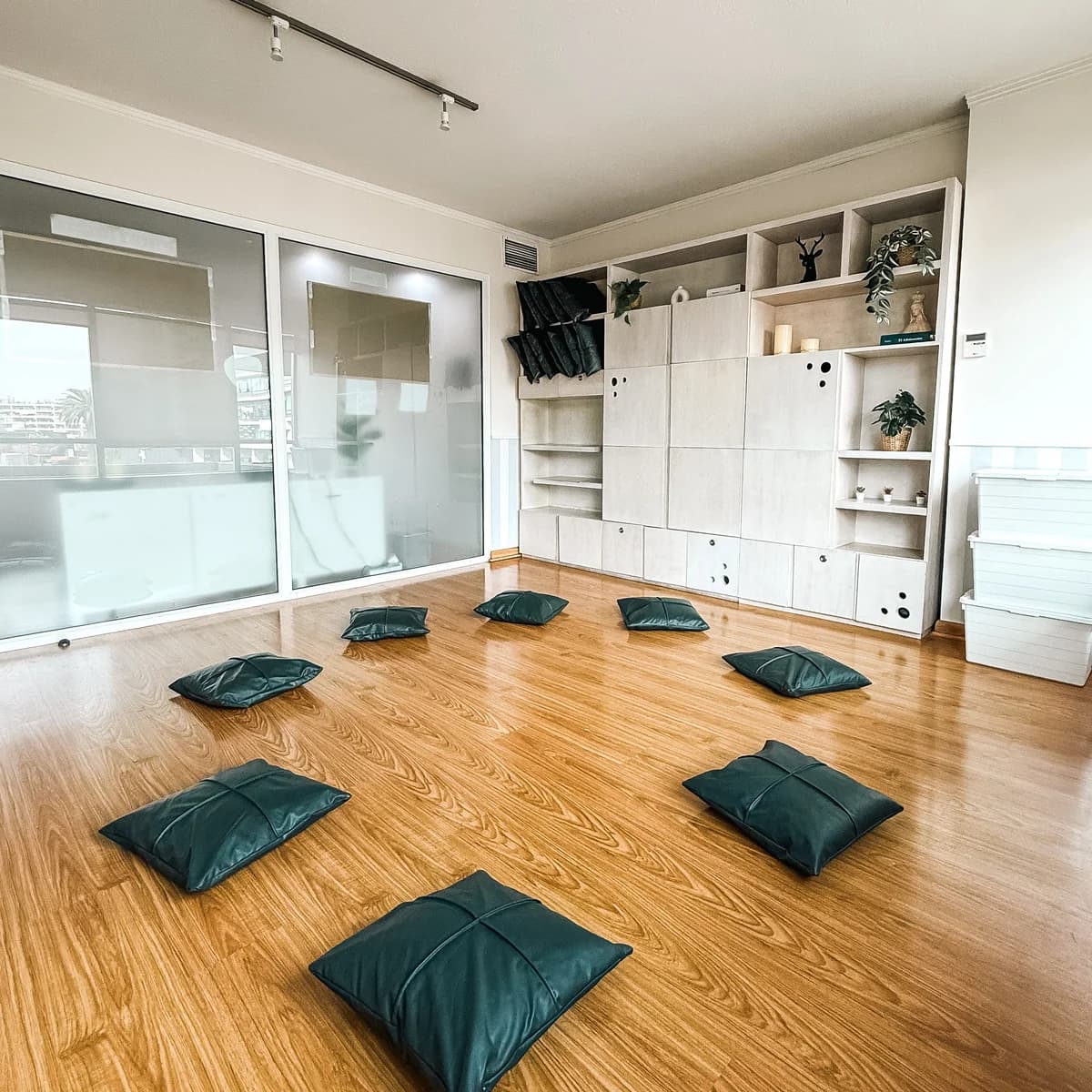 Sala de terapia grupal con cojines en círculo